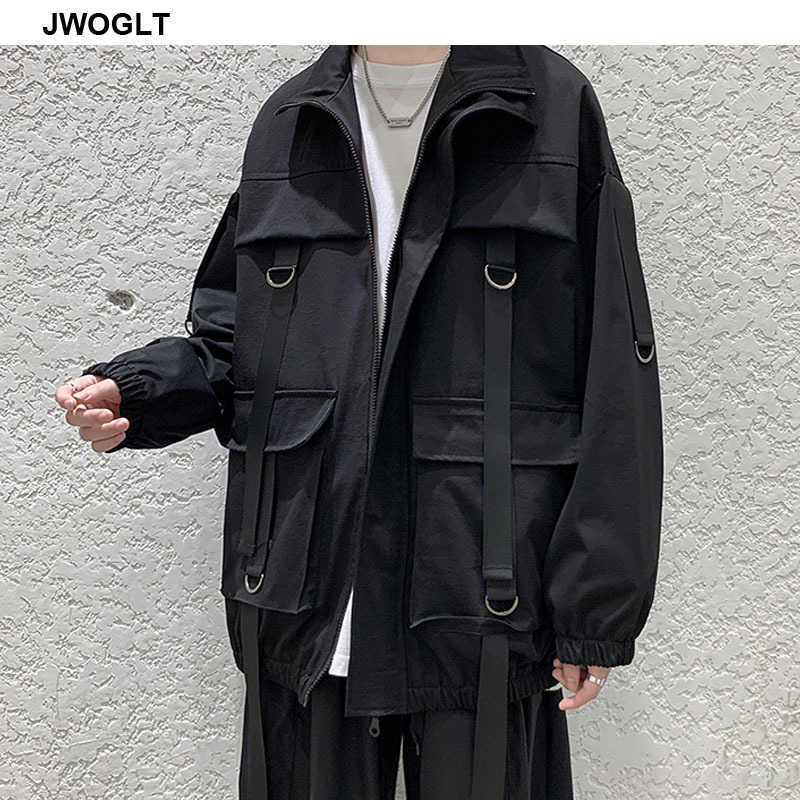 Men's Cargo Jacket Autumn All-Match Harajuku Outwear Korean Style Streetwear Trend Many Pockets Ribbons Zipper Jackets Coats 210528
