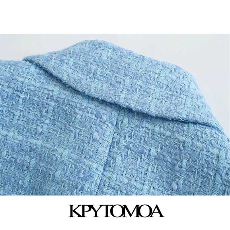 KPYTOMOA Women Fashion Single Breasted Tweed Cropped Blazer Coat Vintage Long Sleeve Pockets Female Outerwear Chic Veste 211116