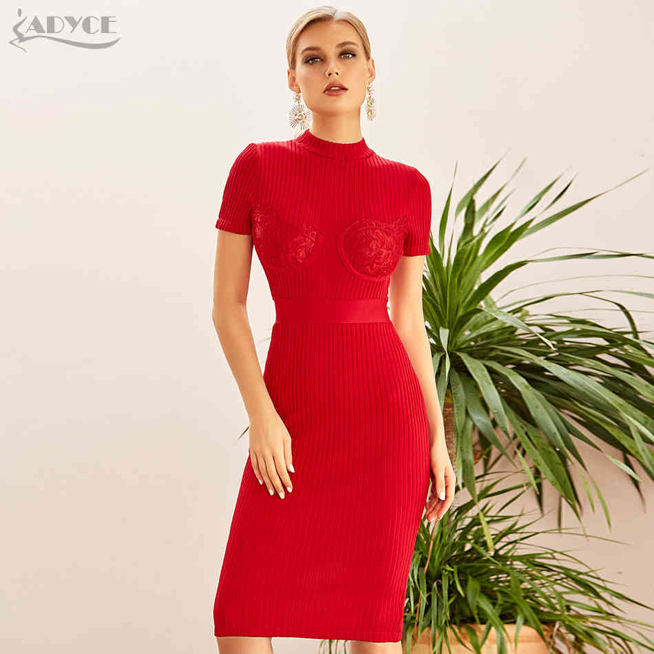 Summer Women Short Sleeve Bodycon Bandage Dress Sexy Red Lace Knee Length Club Celebrity Evening Runway Party Dresses 210423