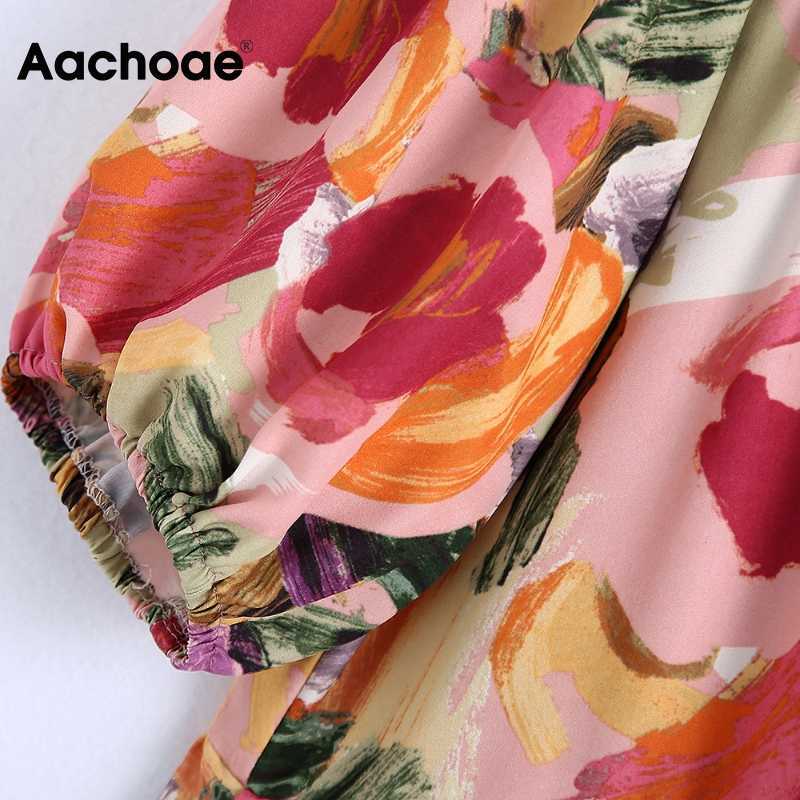 Aachoae Women Vintage Printed Mini Dress Summer Puff Short Sleeve Chic Dresses Turn Down Collar Loose Shirt Dress Vestidos 210630