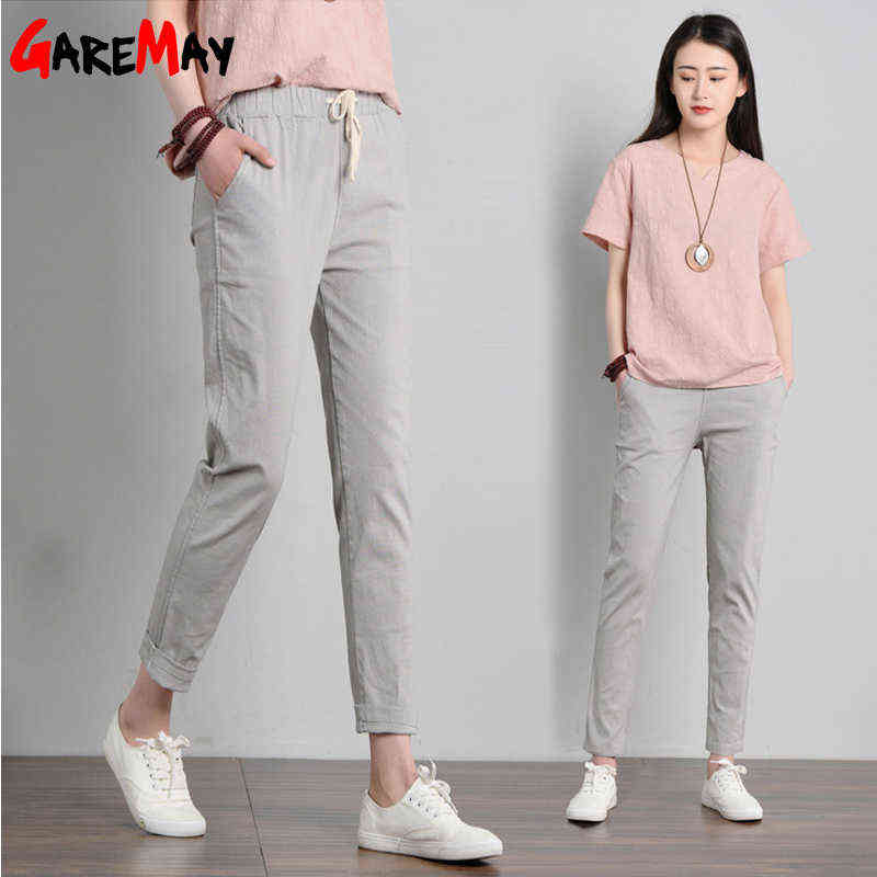 Women Casual Long Ankle Length Trousers Summer Autumn Plus Size Elastic Waist Soft High Quality Cotton Linen Pants S-XXXL 211115