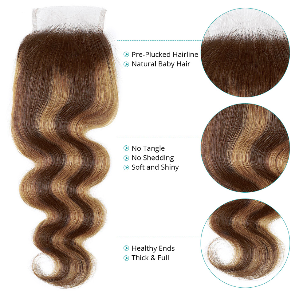 5X5 Transparent Lace Closure 4/27 Highlight Closure Brazilian Body Wave With Baby Hair Pre-Plucked Honey Blonde