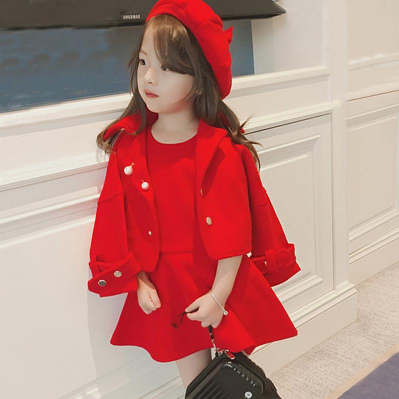 Girls Coat Suits Dress+Coat Kids Teenagers Outwear 2021 Red Thicken Warm Winter Autumn Kids Cotton Woolen Cloth Children&#039;s Clothing от DHgate WW