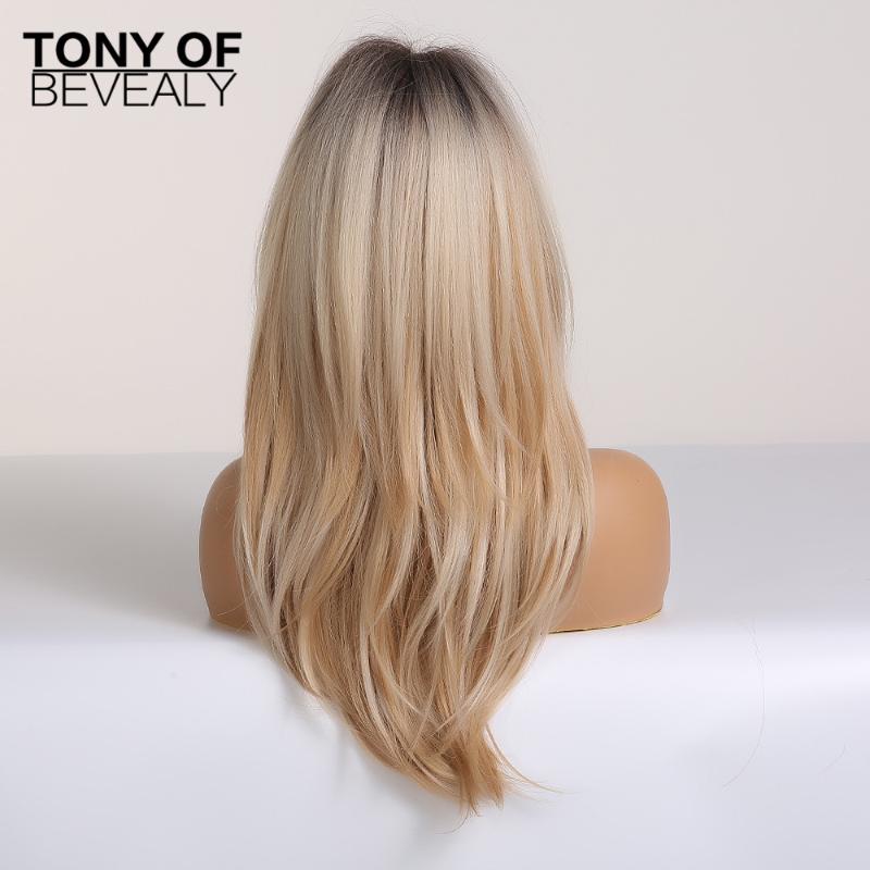 Synthetic Wigs Long Black To Blonde Ombre For Women Afro Cosplay With Bangs Wavy Layered Heat Resistant Fiber