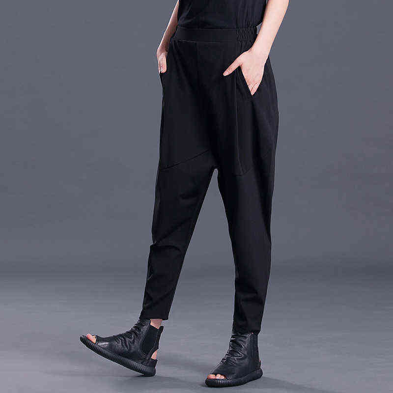 Spring Fashion Black Pleated Pockets High Waist Elastic Simple All-match Woman Harem Pants SA157 211115