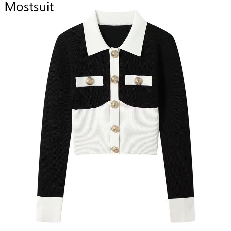 Color-blocked Knitted Crop Tops Women Full Sleeve Single-breasted Buttons Short Caridgan Sweater Vintage Elegant Ladies Jumpers 210514