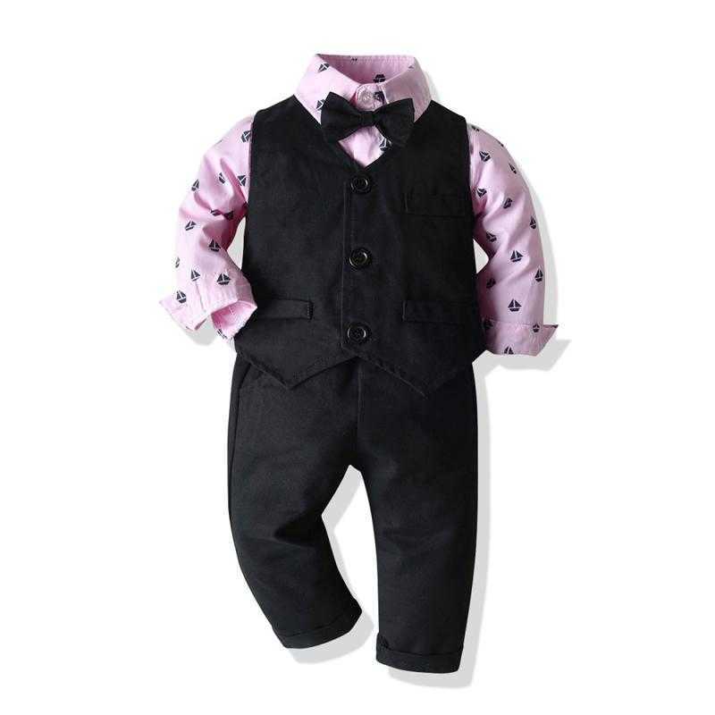 Kids Boy Gentleman Clothing Set born Long Sleeve Bowtie Shirt + Waistcoat Pants Baby Boys Outfits Suit for Wedding Party 210615