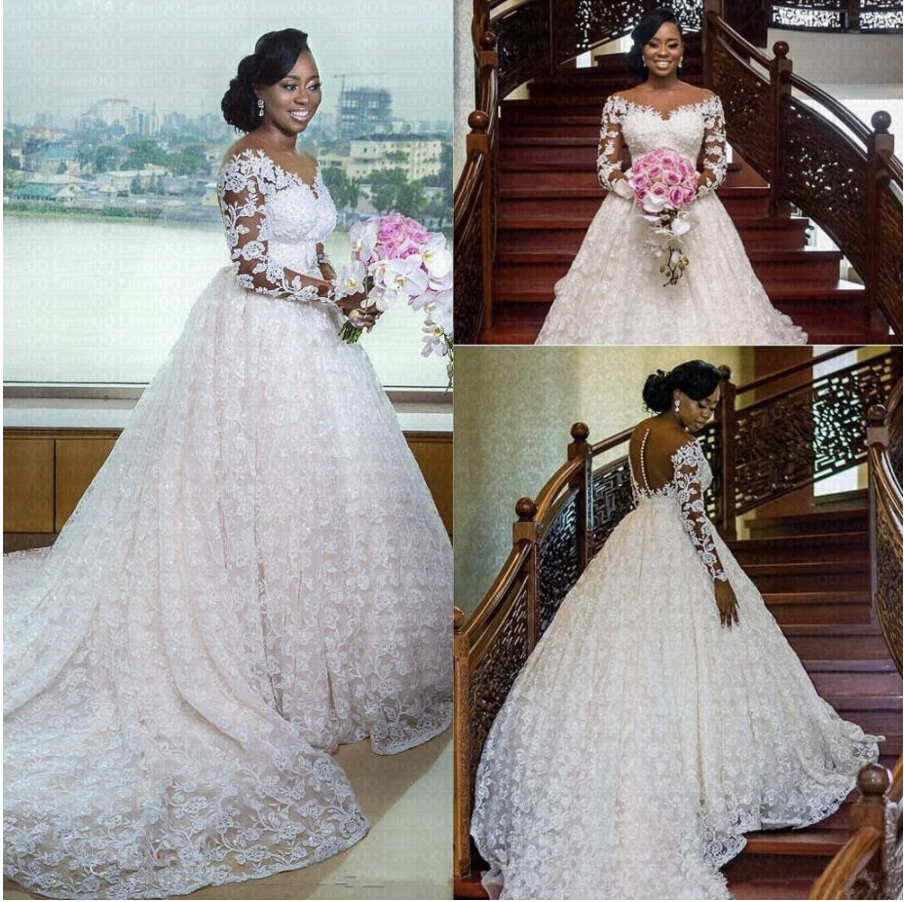 Arabic Luxurious Lace Wedding Dresses 2021 Sheer Neck Long Sleeves Bridal Dress Vintage Sexy Wedding Gowns