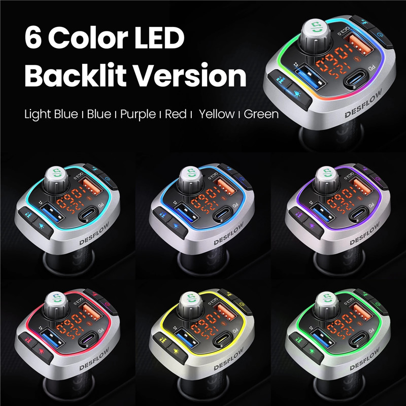 Bluetooth Wireless Car Kit Handfree FM Transmitter TF/U Disk MP3 Music Player LED Backlit Adapter Dual USB QC 3.0+PD Type C Fast Charger