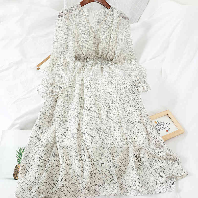 Autumn V Neck Polka Dot Slim Chiffon Dress Button Puff Sleeve High Waist Elegant Women Mid-calf Dress 210521