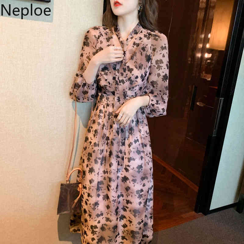Neploe Elegant Print Dress Women Long Sleeve Slim Pleated Robe V Neck Lace-up Dresses Spring Fashion Temperament Vestidos 4i582 210422