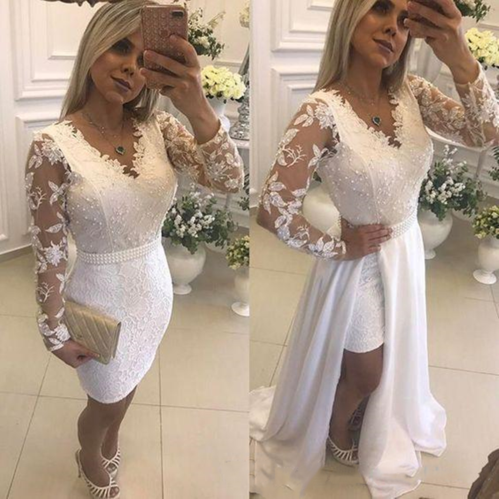 

White Pearls Short Party Cocktail Dresses With Detachable Skirt Illusion Long Sleeves Lace Formal Prom Gowns For Evening robes de soirée