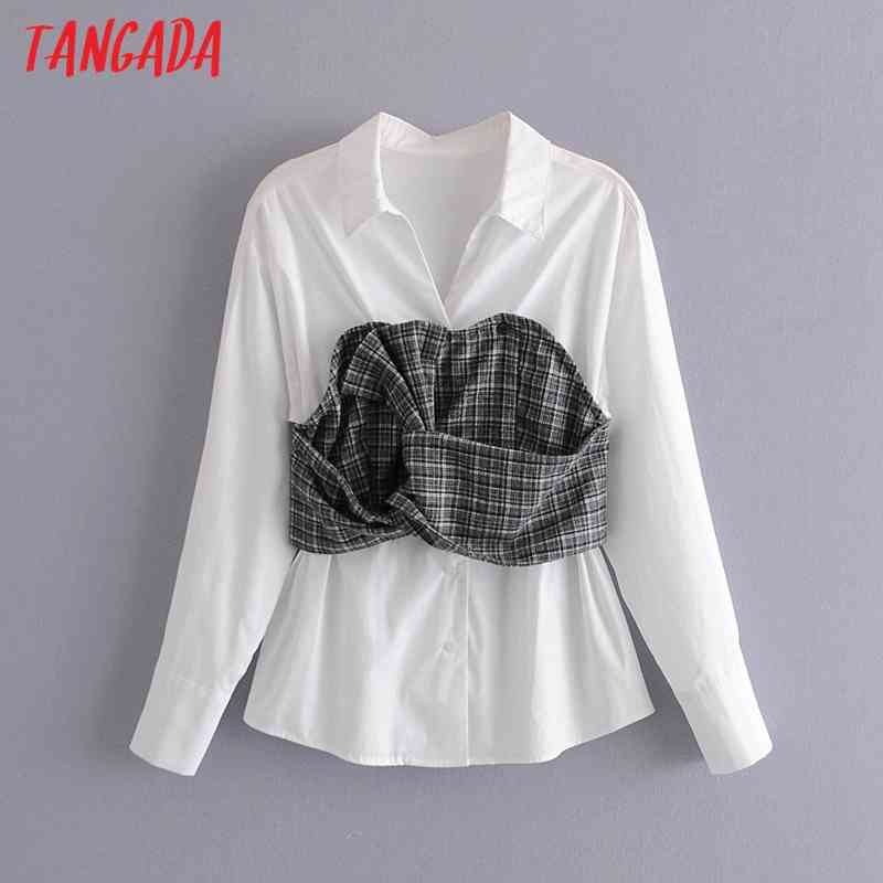 Women Vintage Patchwork White Long Sleeve Chic Female Office Lady Shirt 3W141 210416