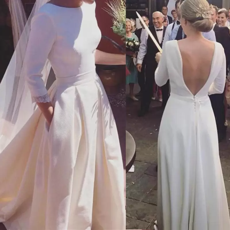 Satin Wedding Dresses Bridal Gown Jewel Neck Covered Buttons Long Sleeves Sexy Backless Sweep Train Country Garden Vestidos De Novia Plus Size Custom