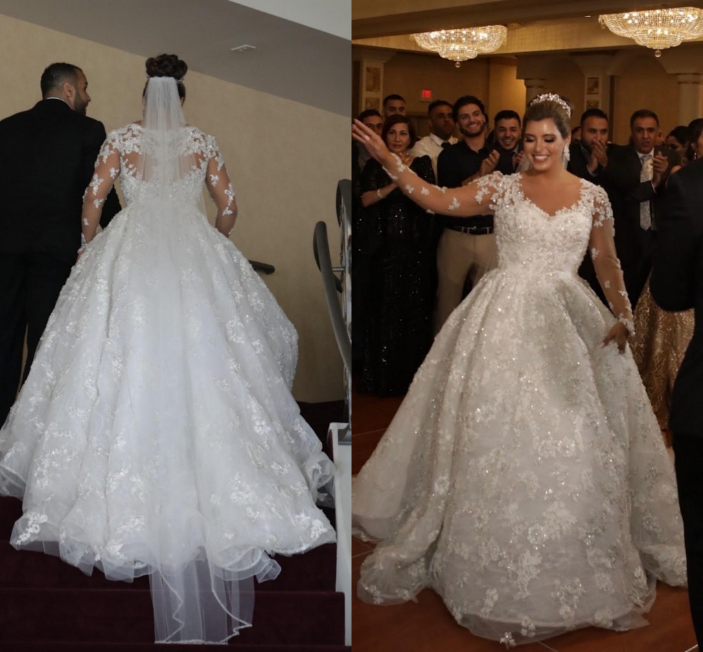 Sparkly 3D Lace Floral Princess Wedding Dresses 2022 Illusion Long Sleeve Beaded Cathedral Train African Aso Ebi Arabic Bridal Dress