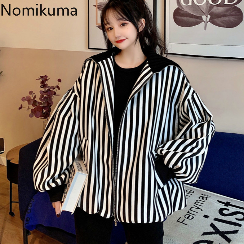 Nomikuma Autumn Winter Korean Causal Striped Women Jakcet Long Sleeve Zipper Turn-down Collar Coat New Femme Outwear 6C773 210427