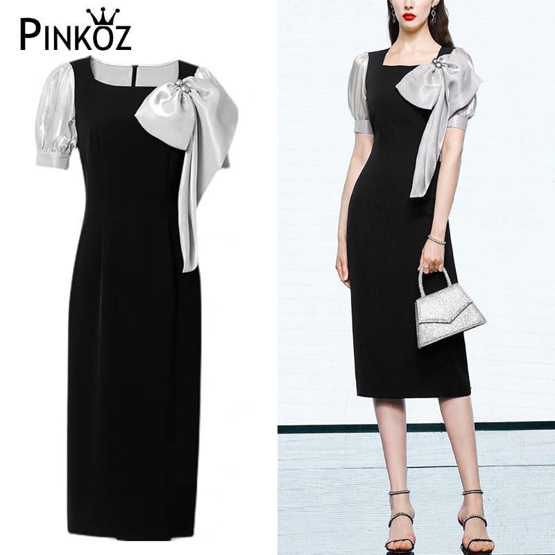 Office Pencil Eleagnt Bow Dress For Ladies Elegant Vintage Square Collar Summer Lantern Sleeve Slim Fashion 210421