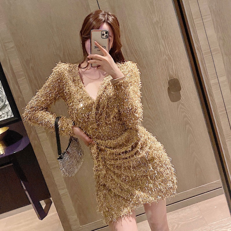 Fashion Sexy Sequins Dress Women Elastic V Neck Mini High Waist Above Knee for Clothing Robe Femme 12763 210508