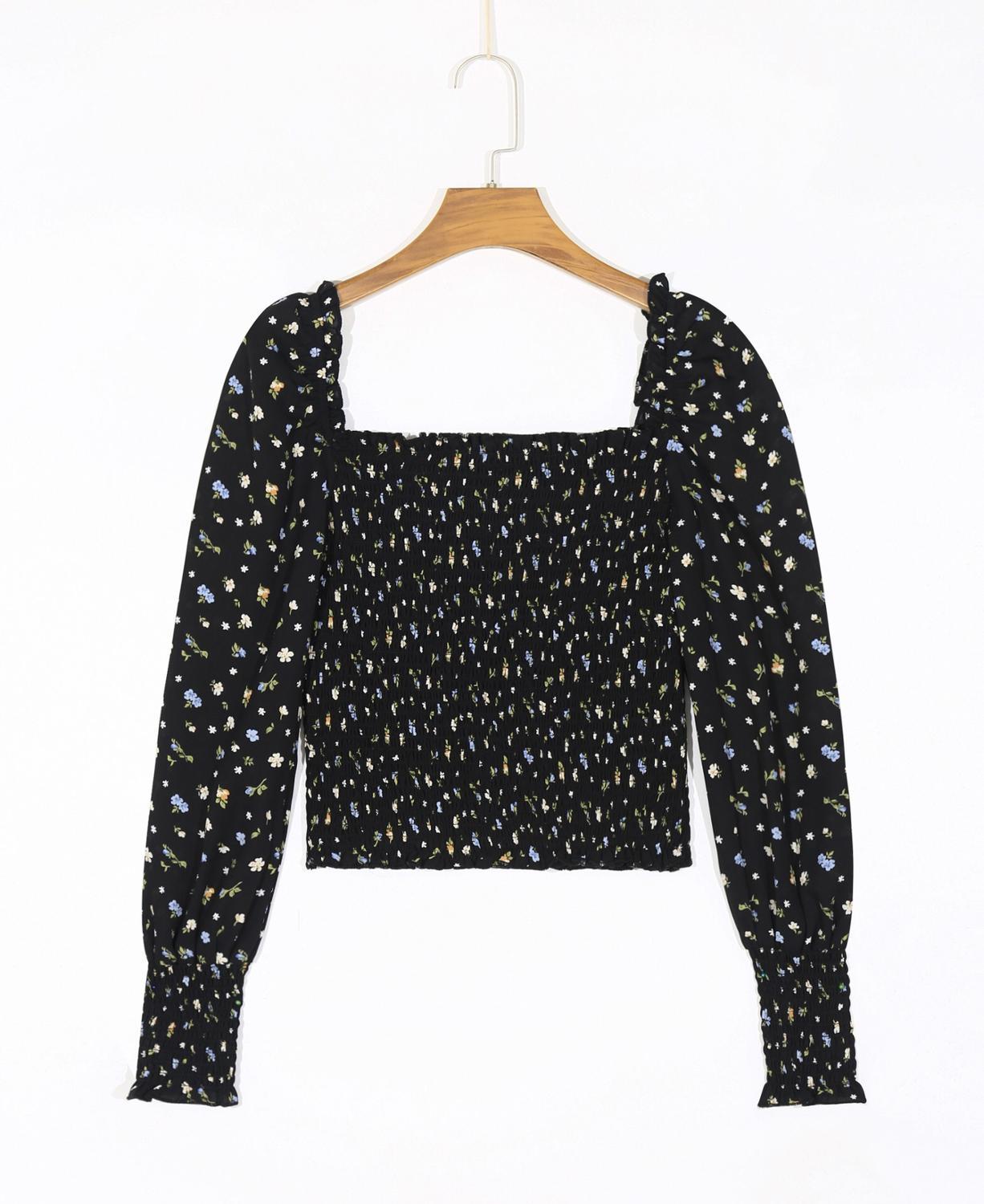 Vintage Floral Print Chiffon Crop Shirt Women Sexy Square Neck Elastic Ruched Body Slim Fit Blouse French Summer Elegant Tops 210429