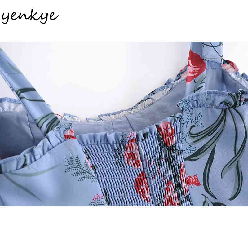 YENKYE Vintage Prairie Chic Floral Print Summer Dress Women Sexy Sleeveless Ruffle A-line Elegant Party Dress Chiffon Vestido 210515