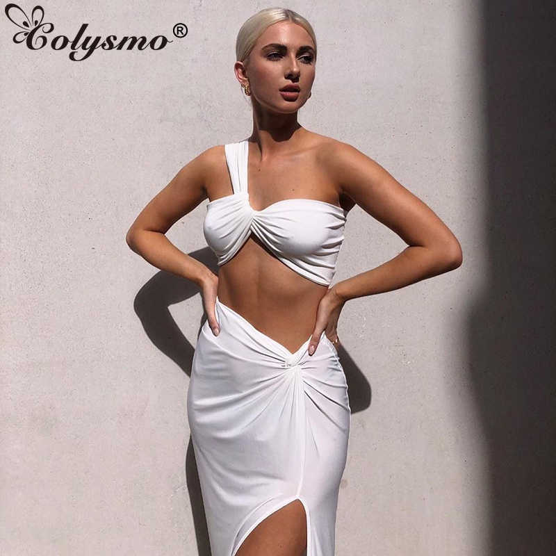 Colysmo Summer White Crop Top Long Skirts Two Piece Set Women Beach Party Club Sexy One Shoulder Twist Pleats 2 Outfits 210527