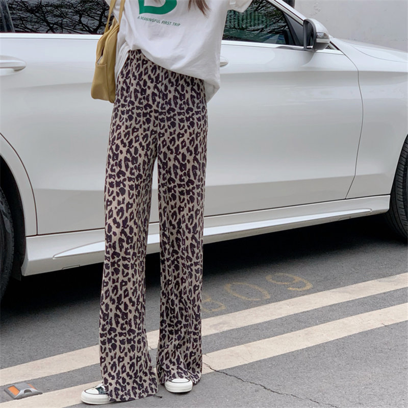 Pleated Leopard Stylish Straight Femme Prom Loose Party High Waist Summer Animal Printed Casual Pants 210421
