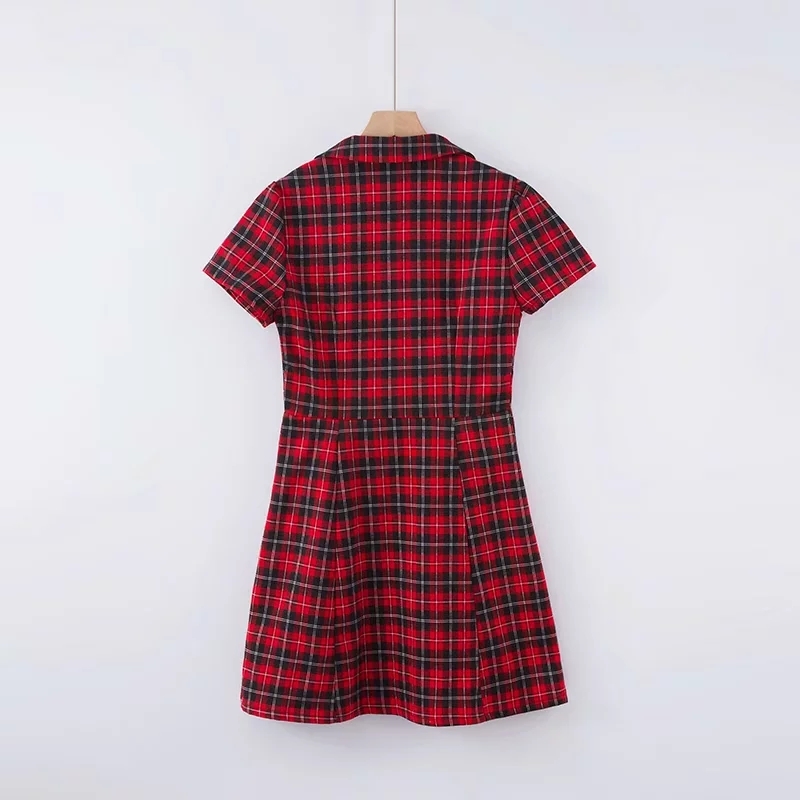 vintage cotton red plaid dress women Korean kawaii button office mini female casual short sleeve sexy vestidos 210521