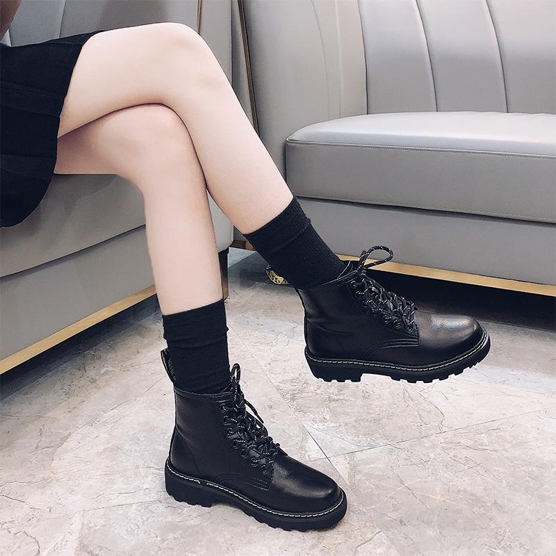 Boots Short Women's Fashion British Style Thin Spring And Autumn Single Tide Thick Bottom Anti-Skid Lace Up Black Roun