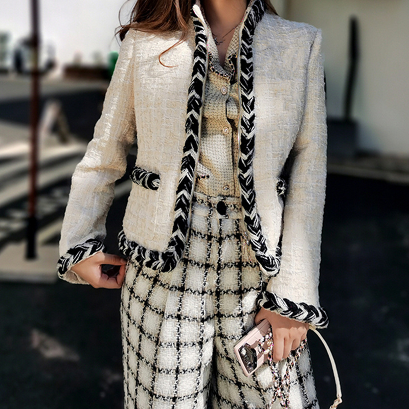 Pantalon élégant Twist White White Femmes Vintage O-cou à manches longues à manches courtes en tweed Manteau 2021 piste de piste de printemps aut