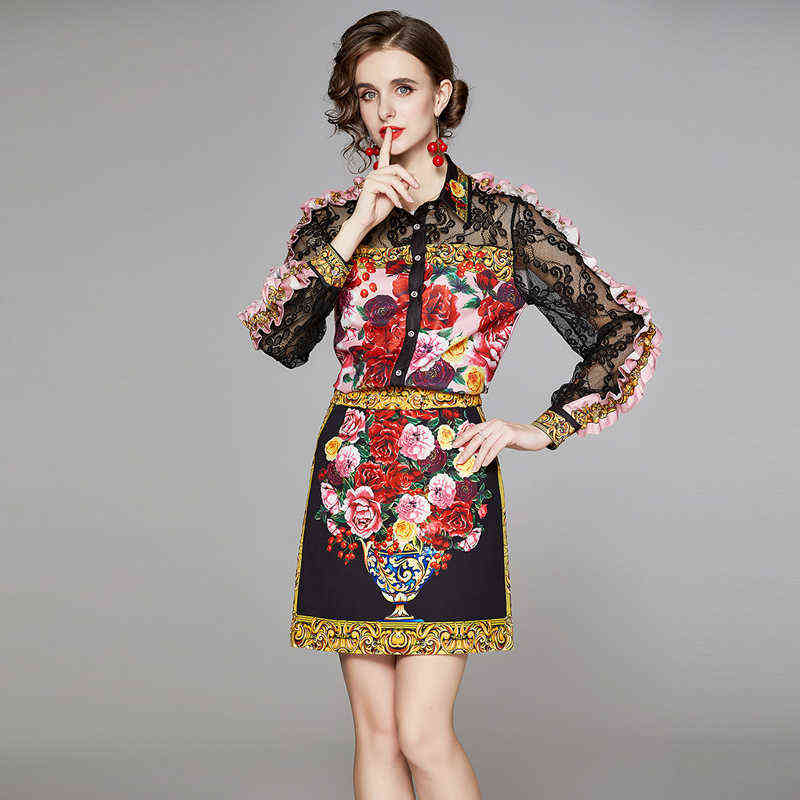 Runway Sicilian Roses Autumn Suit Women's Two Piece Suits See Through Lace Ruffles Sleeve Shirts + Floral Short Skirt 2pcs Sets 211106