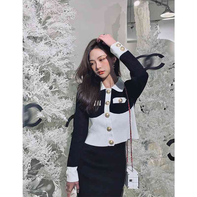 Color-blocked Knitted Crop Tops Women Full Sleeve Single-breasted Buttons Short Caridgan Sweater Vintage Elegant Ladies Jumpers 210514