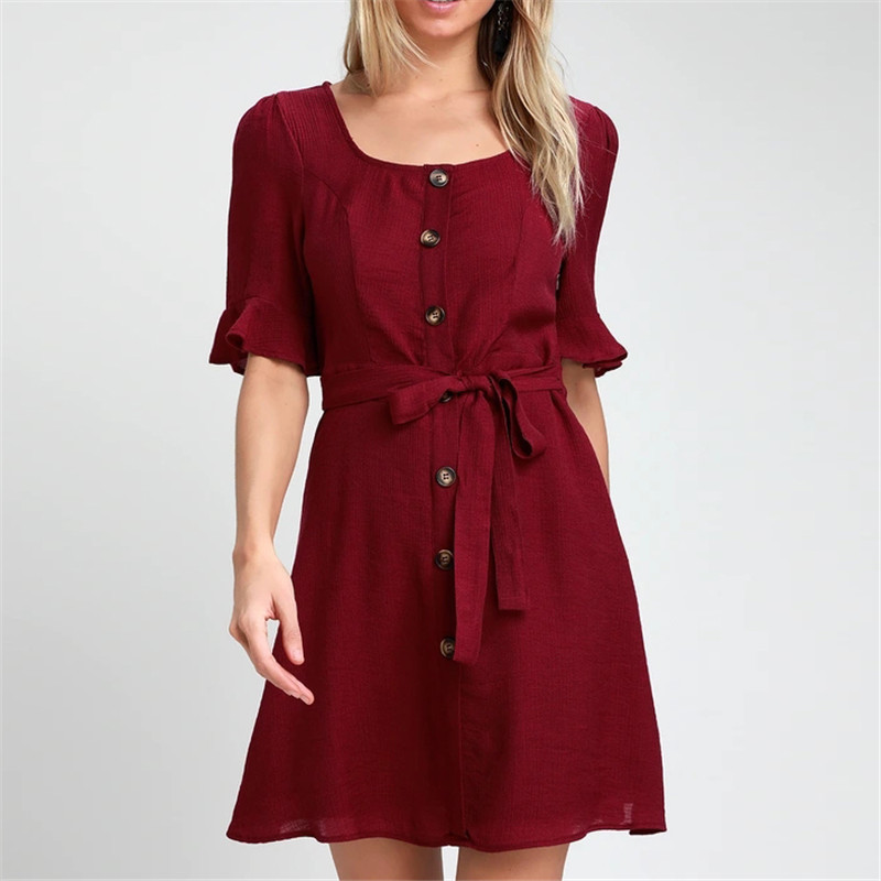 Women Summer Dress Casual Short Sleeve Elegant Bandage Bodycon Black Party Dress Buttons Mini Beach Dress Sundress Vestidos 210414