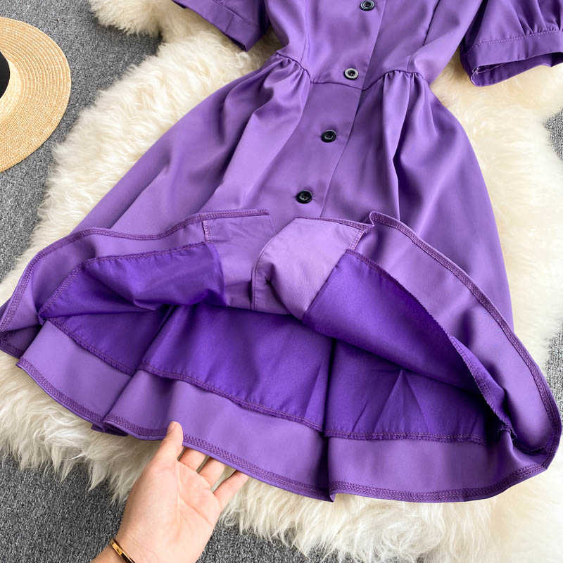 DEAT Women Purple Bow Dress Peter Pan Collar Puff Sleeve Arrivals Lady Temperament Fashion Spring Summer 11D580 210709