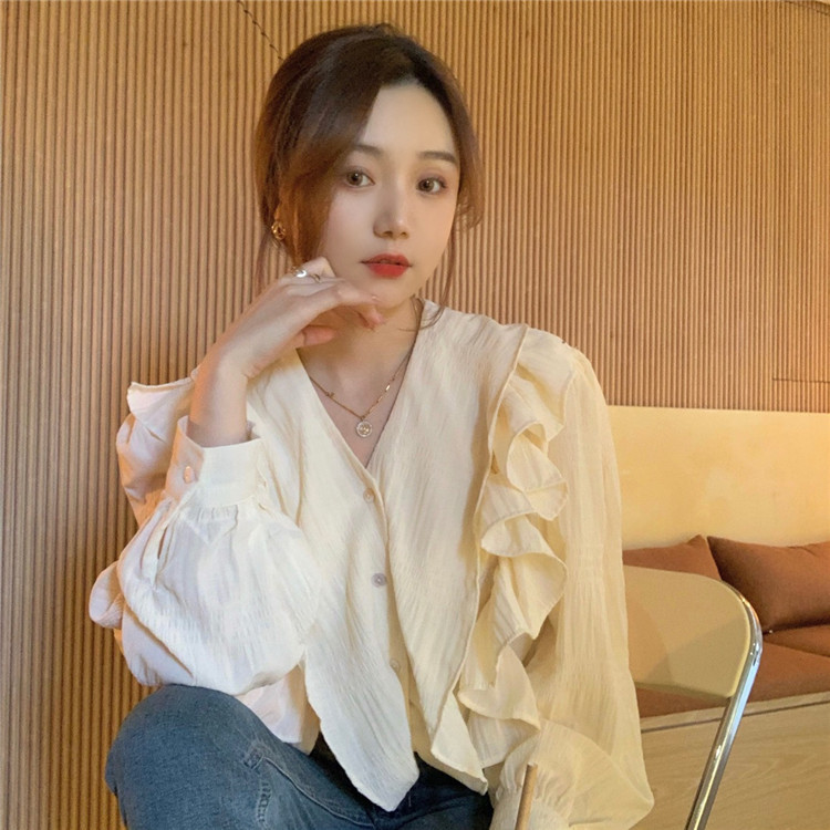 Nomikuma V-neck Ruffle Patchwork Blouse Tops Causal Long Sleeve Women Shirts Spring New Sweet Blusas Feminimos 6E067 210427