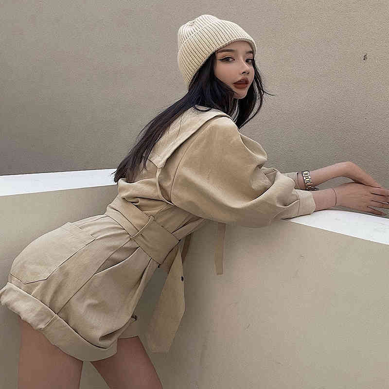 Nomikuma Safari Style Women Rompers Summer Thin Belt Slim Waist Playsuits Fashion Ribbon Wide Leg Shorts Bodysuits 6H159 210427