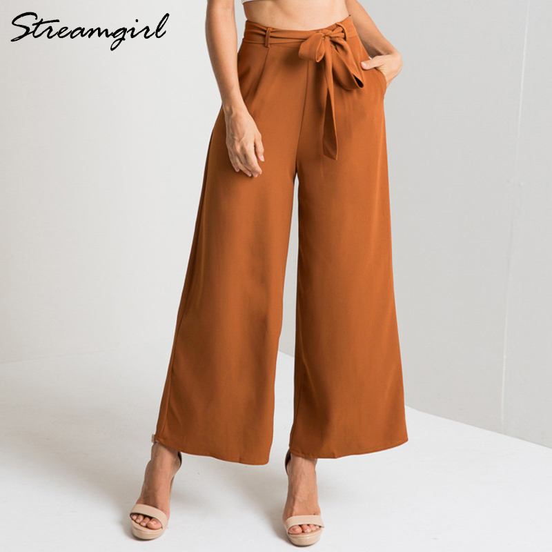 Ladies Wide Leg Pants Summer Women Trousers Women High Waist Capri Loose Belt Chiffon Casual Wide Leg Pants Plain Office 210421