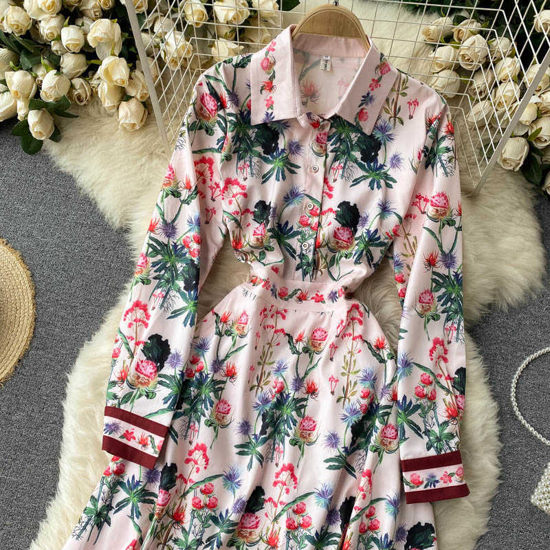 LY VAREY LIN Spring Autumn Turndown Collar High Waist Mid Calf Women Dresses Casual Solid A Line Floral Print Dress 210526