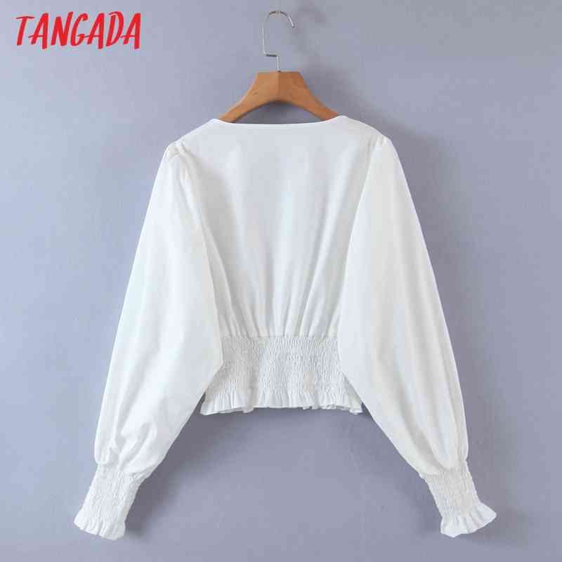 Women Retro White V Neck Crop Long Sleeve Chic Female Sexy Slim Shirt Tops SL538 210416