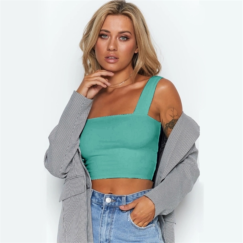 Square Neck Sleeveless Summer Women Crop Top Casual Sling Basic Black Slim Vest Off Shoulder Cami Sexy Backless Tank Tops Female 210522