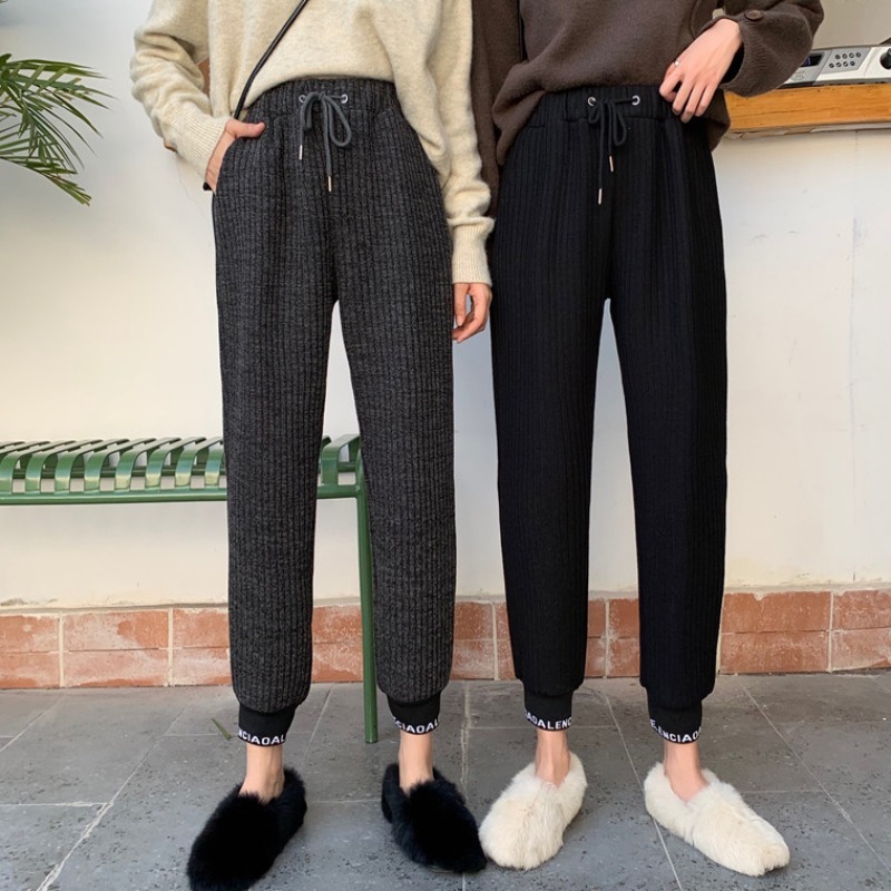 Nomikuma Knitted Letters Harem Sweatpants Causal Lace Up Stretch Waist Trousers Autumn Winter Thicken Women Sweater Pants 6C764 210427