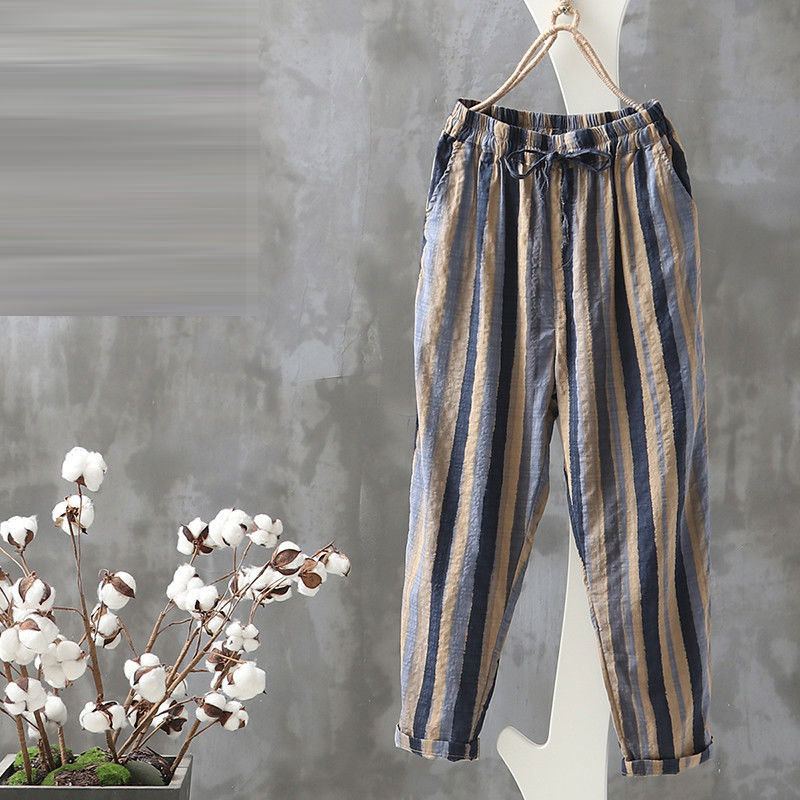 Summer Fashion Women Pants Plus Size Loose Casual Elastic Waist Striped Harem Vintage Cotton Linen Ankle-length D125 210512