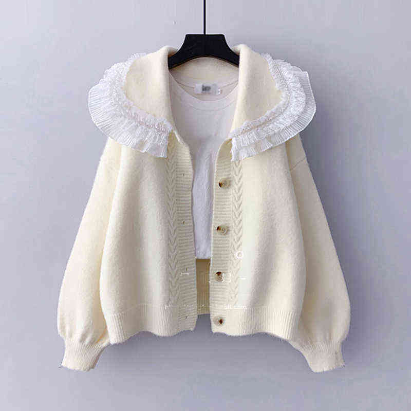 AZYT Autumn Winter Knit Female Cardigan Lace Turn Down Collar Sweater Womens jacket Loose Elegant Ladys Cardigan Pull Femme Top 211117