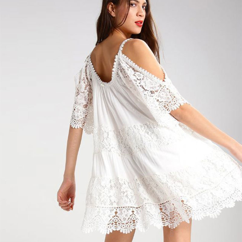 Women Fashion Beachwear Cover-ups Sexy Cold Shoulder Summer Beach Dress White Cotton Tunic Swimsuit Cover Up Sarongs #Q826 210420