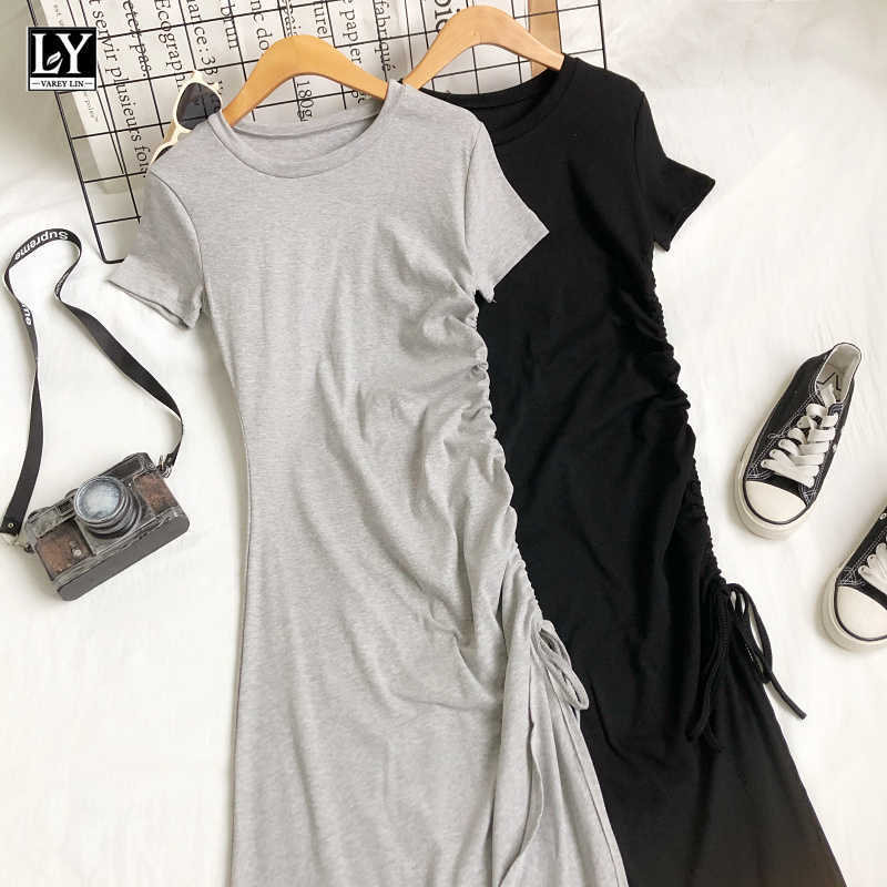LY VAREY LIN Summer Women Slim Shirring Frenulum Solid Color Medium Long Dress Casual O-neck Short Sleeve High Waist Dresses 210526