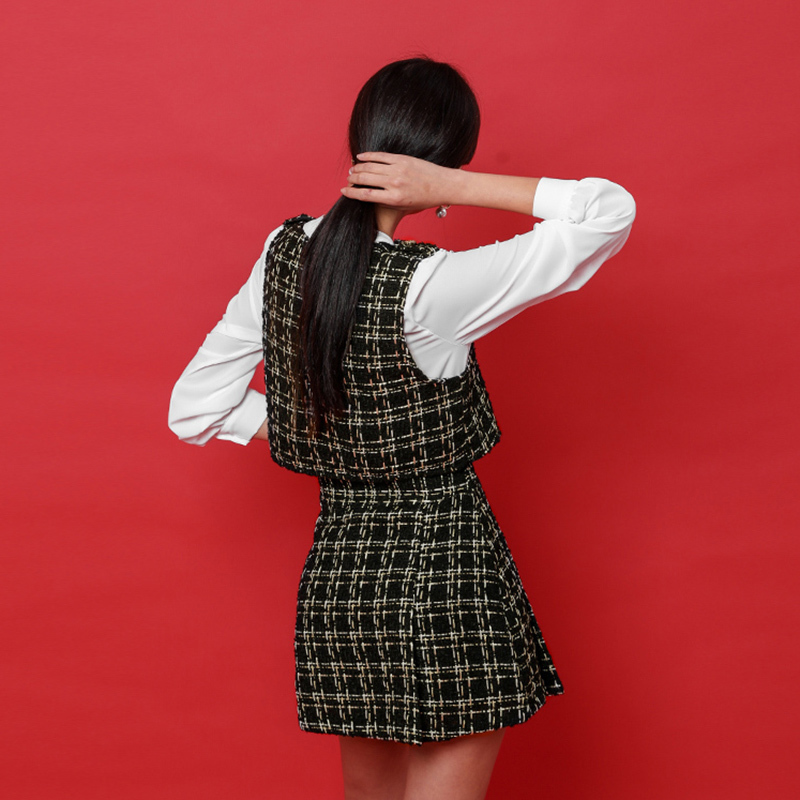 Spring Women Long sleeve Tweed Patchwork Blouses 2 Pieces Set+High Waist Plaid Wool Skirt Sets 210520