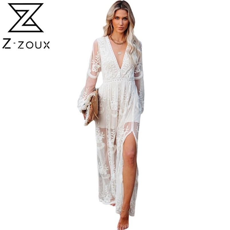 Women Dress Flower Perspective Bohemia Sexy Long Floral Maxi es V Neck Lantern Sleeve Split Plus Size es 210513