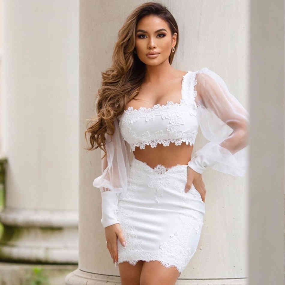 Fashion White Lace Bandage Two Piece Sets Sexy Women Long Sleeve Crop Top& Mini Skirt Bodycon Club 210423