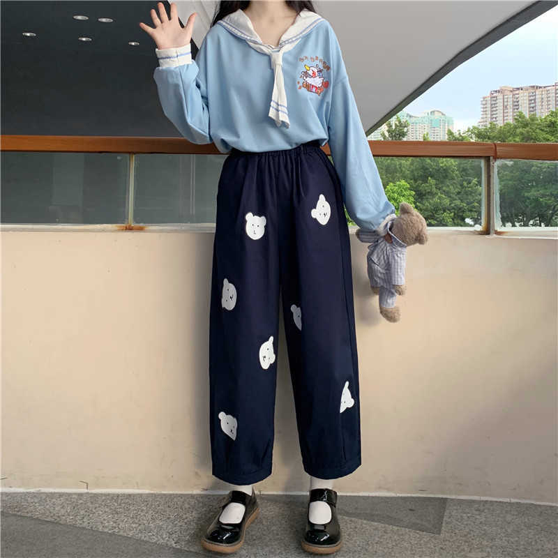Japanese Kawaii Soft Girl Cute Bear Printing Women Pants Basis Wild High Waist Loose Trousers Elastic Waist Casual Student Pant 211006