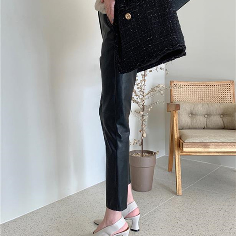 Autumn Winter Elegant High Waist Pencil Pants Women Bottoms OL Wear Thick Plus Velvet Pu Leather Solid Trousers 210421