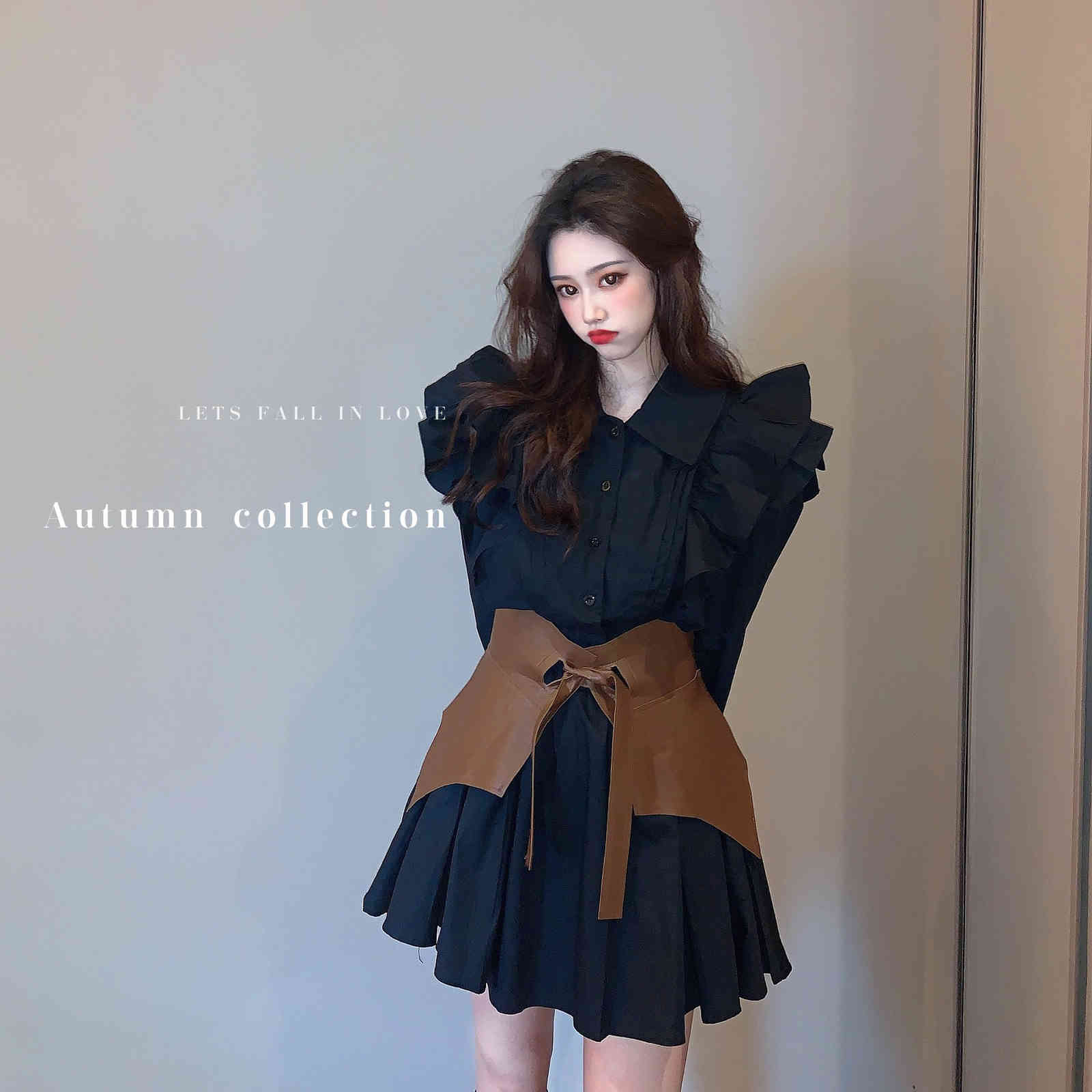 Elagant Women Mini Shirt Dress Lantern Long Sleeve Lady Short Turndown Collar Party Female es Vestidos 210519